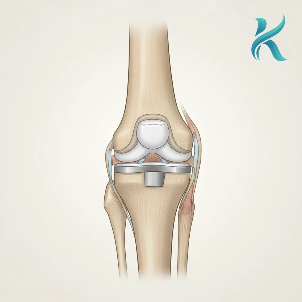 X-ray visual showing a secure, well-aligned total knee replacement with balanced mechanical positioning.